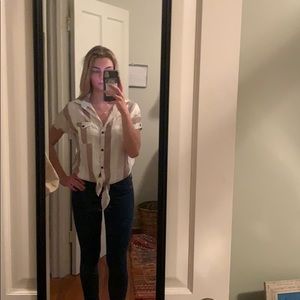 Purple/pink striped tie blouse